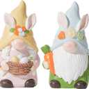 DN DECONATION Easter Decorations Gnomes Bunny Figurines Set, 2-Pcs Resin Rabbit-Eared Gnome Decor with Easter Egg Basket & Carrot, Cute Spring Decor Tabletop Decor for Mantel Shelf Home Easter Party (Pink and Green)