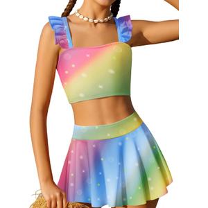 Arshiner Girls Swimsuit 3 Piece Bathing Suits Cute Bikini Tankini Sets Teen Ruffle Swimwear with Cover Up Skirt (11-12 Years, Rainbow)