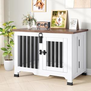Wooden Dog Crate Furniture,Foldable and Portable Dog Kennel Furniture Indoor,Decorative Dog Crate End Table No Assembly.(Medium,White) (33.1"L x 19.7"W x 24.0"H)