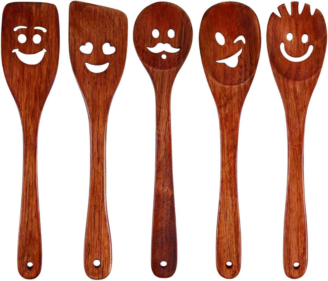 HANSGO 5PCS Wooden Cooking Spoons, Funny Wooden Utensil Set Wood Spatulas with Smile Faces Cute Kitchen Accessories, Best Cooking Gifts for Housewarming Wedding Holidays