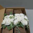 Dining Table Centerpiece Set of 4 - Artificial Peony Flowers with Wooden Vase - Boho Fake Rose Bouquets Small Faux Silk Floral Arrangement for Wedding Party Bathroom Home Décor, White