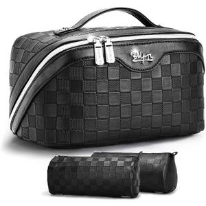BOYATU Travel Makeup Bag Organizer: 3 Pcs Set Large Capacity Cosmetic Bags Holds 1020 100ml Full-Size Bottles for 315 Day Trips - 180Open-Flat Make up Case 3-sec touch-up - Toiletry Bag Gift women (01-Black)