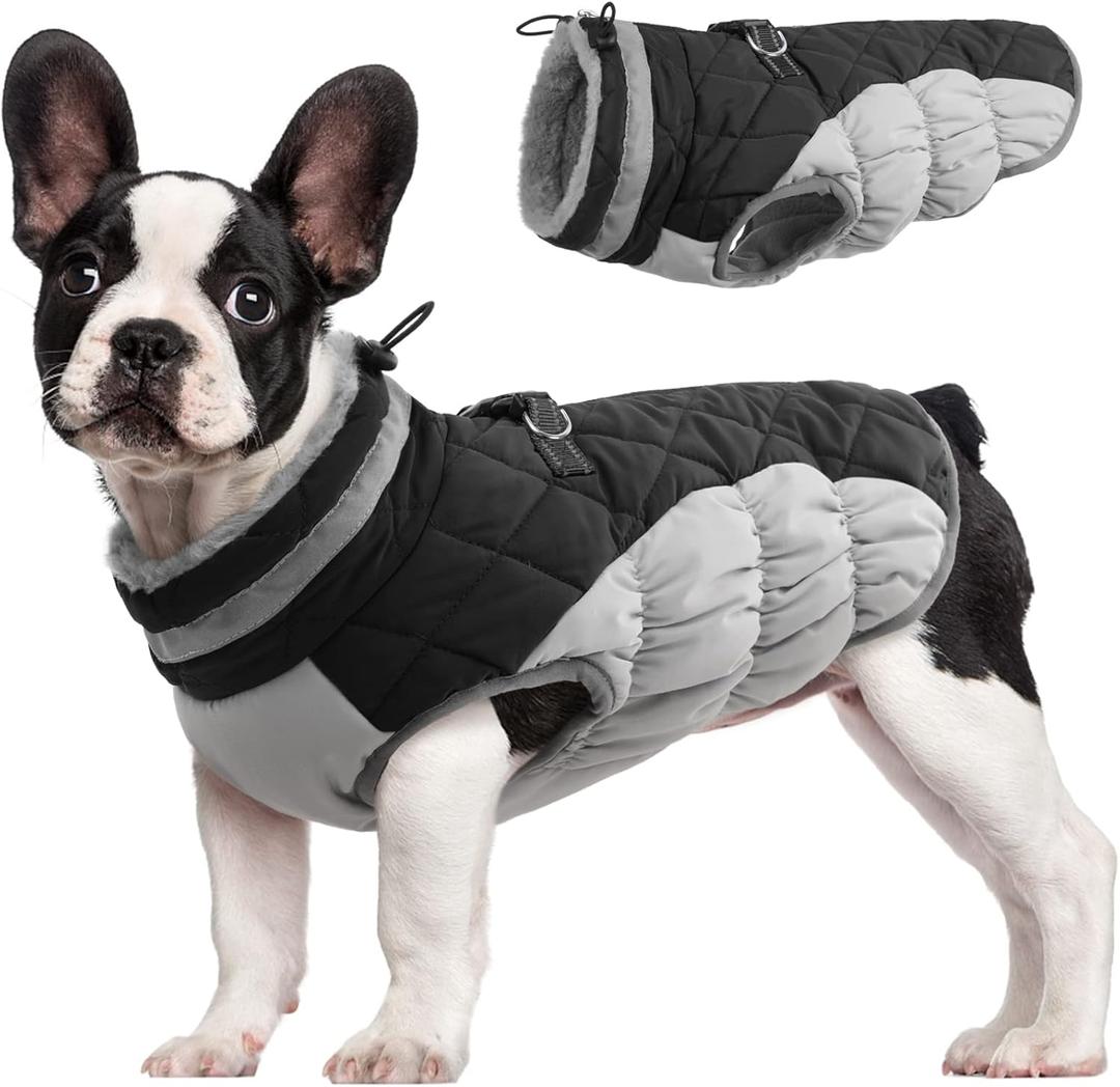 FUAMEY Dog Coat for Medium Dogs,Waterproof Dog Winter Jacket with Harness Built in Puppy Cold Weather Coats Reflective Pet Vest with Zipper Warm Fleece Dogs Snowsuit Windproof Black M (Medium(chest:21in))