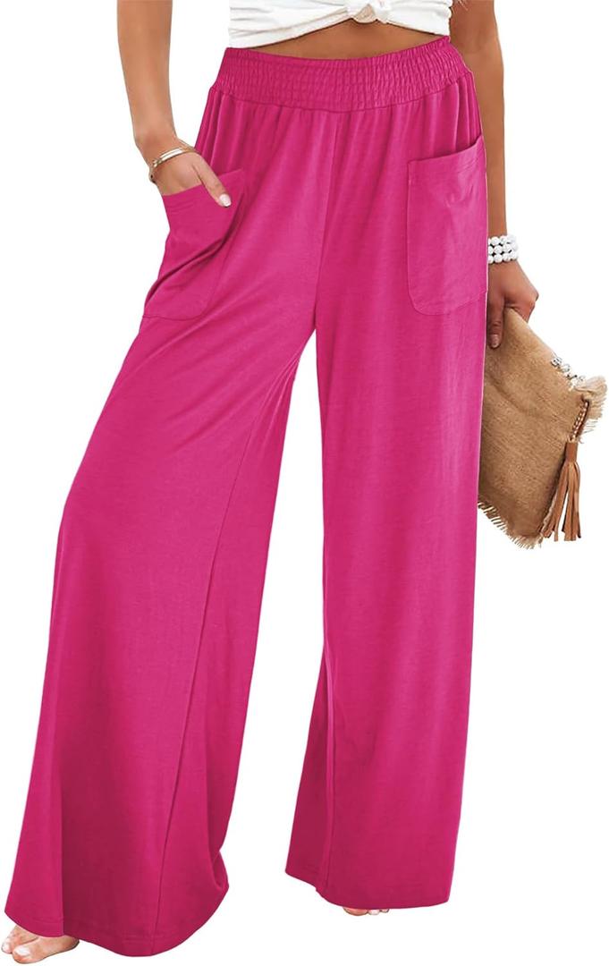 GRAPENT Wide Leg Pants for Women High Wasited Baggy Palazzo Pants Casual Pull On Bell Bottom Smocked Elastic Waist Pants (Medium, Hot Pink)