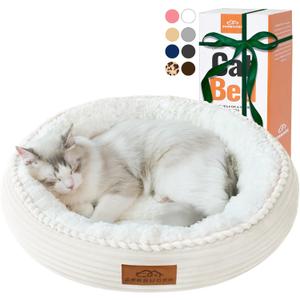20in Cream Round Cat Dog Bed Gift for Large Medium Small Dogs Cats, Machine Washable Sleeping Sofa, Non-Slip Bottom Breathable Soft Calming Pet Cuddler for Indoor/Outdoor/Car/Cage