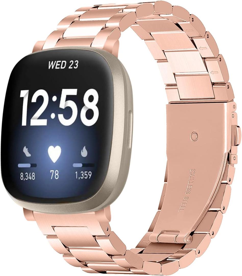 WIGERLON Compatible with Versa 3/Versa 4 Band for Men and Women,Stainless Steel Metal Watch Bands Replacement Straps Accessories for Fitbit sense 2 /Fitbit Sense (Rose Gold)