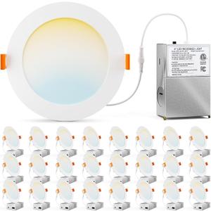 24 Pack 4 Inch 5CCT Ultra-Thin LED Recessed Ceiling Light with Junction Box, 2700K/3000K/3500K/4000K/5000K, 750LM, 9W Equivalent to110W, Dimmable Canless Downlights, ETL & Energy Star & FCC