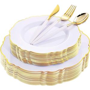 WDF 30Guest Gold Plastic Plates - High-end Baroque Design - 10.25&7.5in Wedding White and Gold Plates Disposable for Parties/Wedding/Valentine's Day