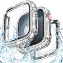 Goton 2-in-1 Waterproof Bling Case Compatible for Apple Watch Screen Protector 40mm 41mm 42mm 44mm 45mm 46mm Ultra 49mm Series 10 9 8 7 6 5 4 SE 2, Glitter Rhinestone Face Cover for iWatch Accessories (Silver)