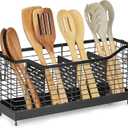 Utensil Holder for Kitchen Counter, Large Stainless Steel Cooking Organizer with 4 Compartments for Kitchen Countertop, Silverware, Forks, Knives, Spoons, Cooking Tools, Cutlery Storage Rack (15.7"Lx4.3"Wx7.4"H, Black)