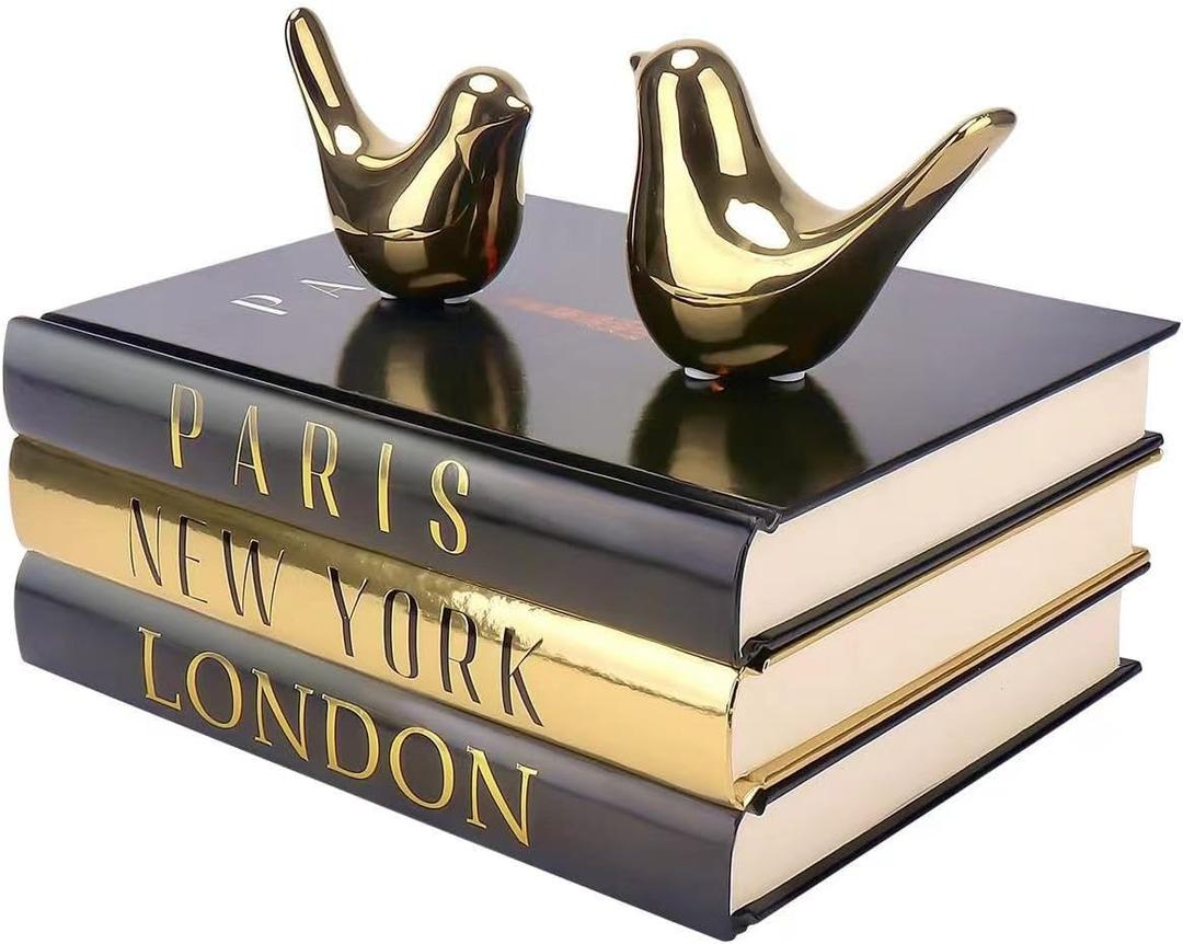 Decorative Books for Home Decor with Small Birds Statues Gold Home Decoration, Modern Style Coffee Table Book Decor, Stacked Books for Bedroom, Living Room, Office Desktop, Cabinets Shelf Decor