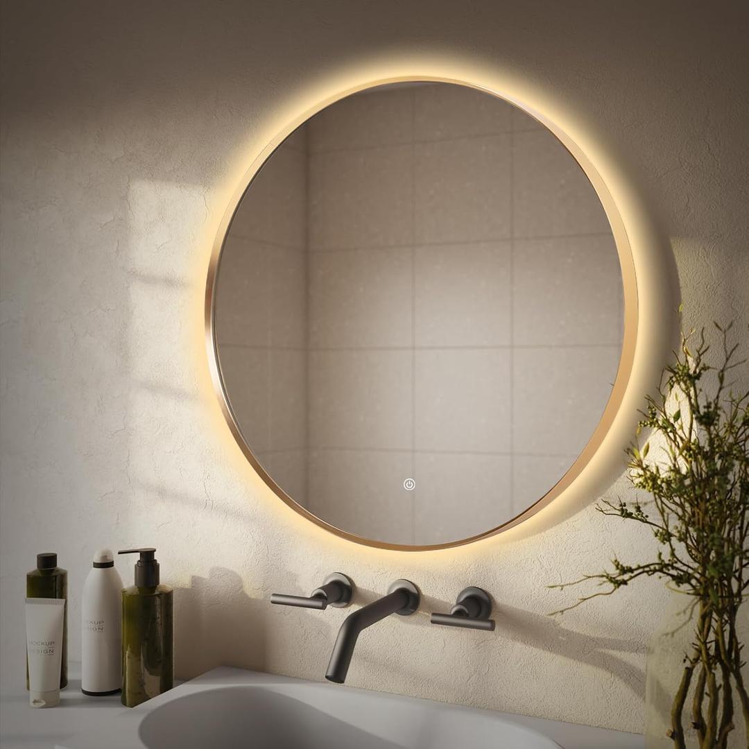 36" Round LED Bathroom Mirror, Wall Mounted Round Backlit Mirror LED Bathroom Vanity Mirror with Lights Fog Free Circle Lighted Mirror with Gold Frame, Smart Light up Mirror 3-Color
