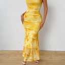 LIGHT DOT Women's Summer Printed Maxi Dress Spaghetti Strap Bodycon Ruched Cocktail Dress Mesh Layered (Yellow, S)