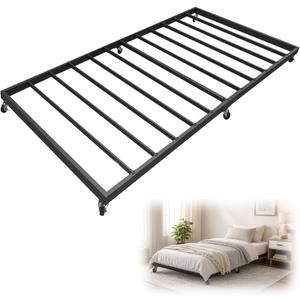 Twin Trundle Bed Frame with Steel Slats, Effortless Roll-Out Trundle Frame, Silent Locking Wheels & Quick Assembly, Space-Saving Guest, Kids, or Dorm Bed for Small Rooms, Black