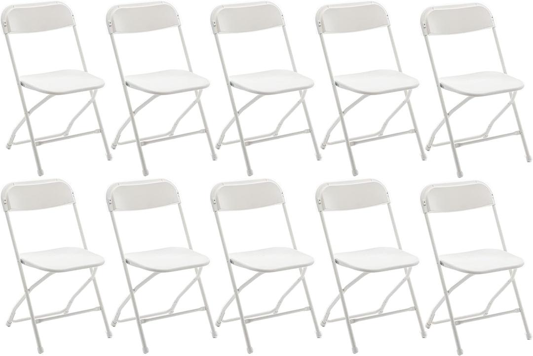 BTEXPERT Set of 10, White Plastic Folding Chairs Steel Frame Commercial 650LB High Weight Capacity Event Chair Lightweight for Office Wedding Party Picnic Kitchen Dining Church School - 10