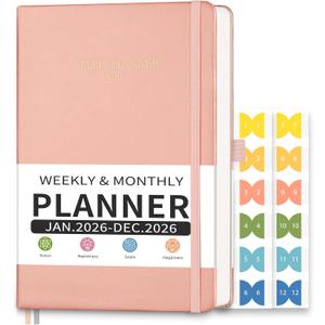 2026 Planner, Appointment Book, Hourly, Daily, Weekly and Monthly, Jan 2026 - Dec 2026, Medium Size (5.7" x 8.3"), 2026 Calendar, Leather Hardcover, 12 Self-Adhesive Monthly Tabs (Pink)