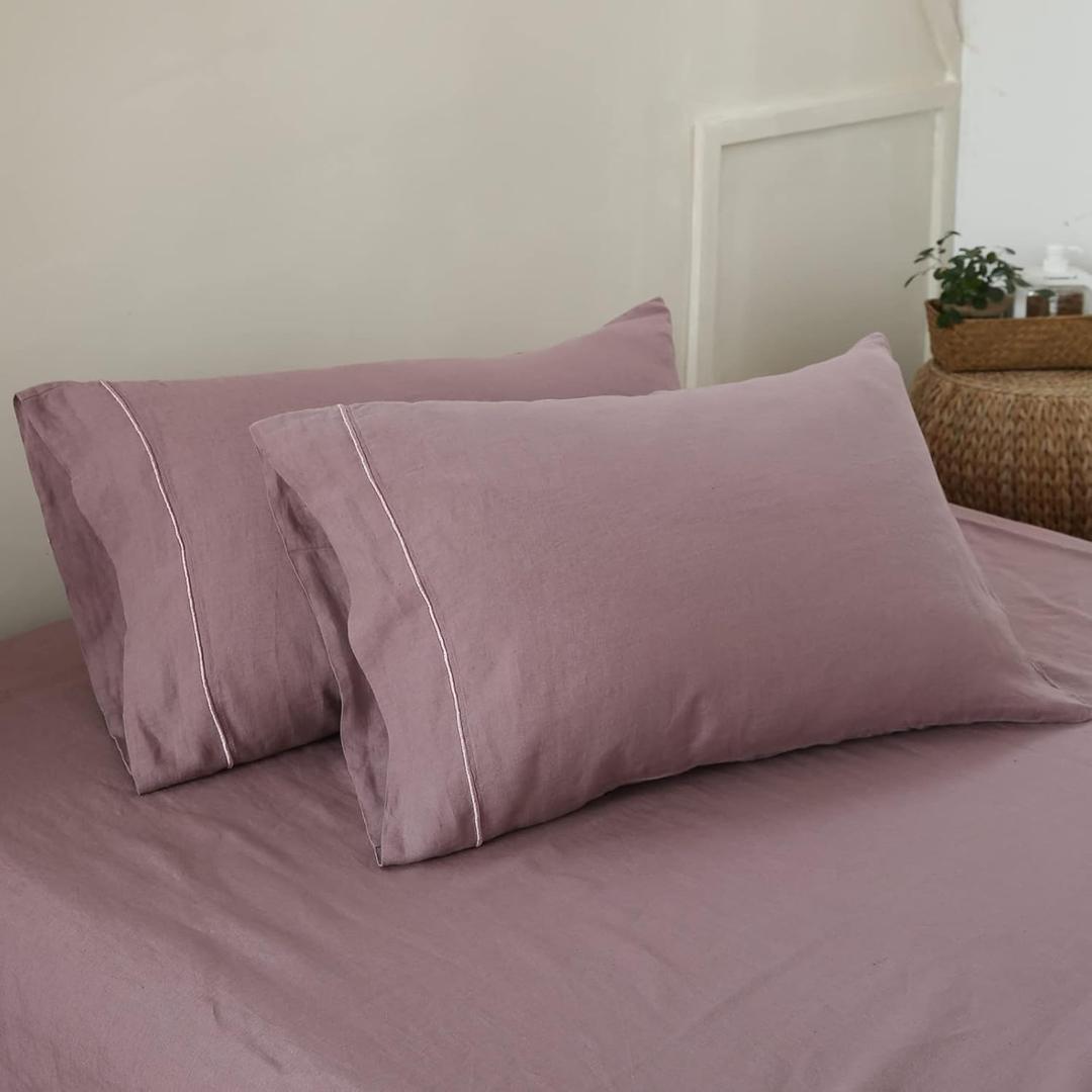 Simple&Opulence 100% French Linen Pillowcase Queen Size-Set of 2- Washed Solid Color Pillow Cases Embroidered -Soft and Durable (Purple, 20''x30'')