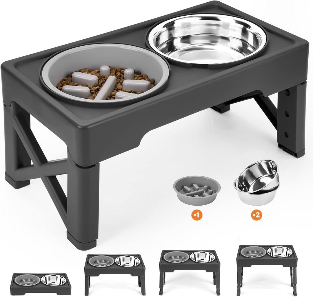 Elevated Dog Bowls with Slow Feeder, 4 Adjustable Heights Raised Dog Bowl Stand with Two 1.3L Stainless Steel Food & Water Bowls, Adjusts to 2.8, 8.6, 10.2, 11.8 for Large Medium, Small Dog & Cats