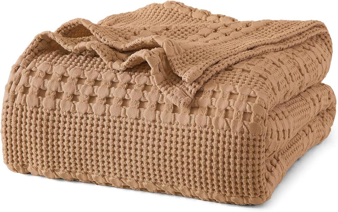 PHF 100% Cotton Waffle Weave Blanket Queen Size, Soft Lightweight Breathable Cozy Summer Blankets for Bed, Luxury Aesthetic Woven Bedding for Home Decor, 90"x90", Camel (Queen (90"x90"))