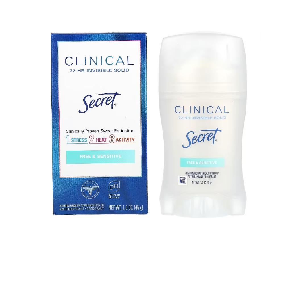 Secret Clinical Strength Antiperspirant Deodorant for Women, Free & Sensitive, 100hr Sweat & Odor Protection, 3X Stress Protection with Hyaluronic Acid, PH Balanced, Invisible Solid, Unscented, 1.6 oz