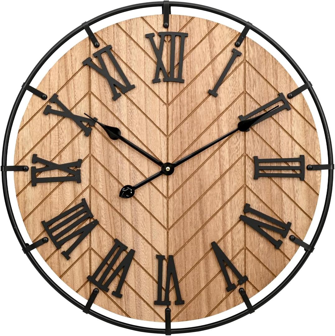 EMAX HOME 24 Inch Large Wooden Wall Clock – Extra Large FarmhouseWall Clock with 3D Roman Numerals & Herringbone Splicing, Brown Modern Wood Wall Clock for Living Room