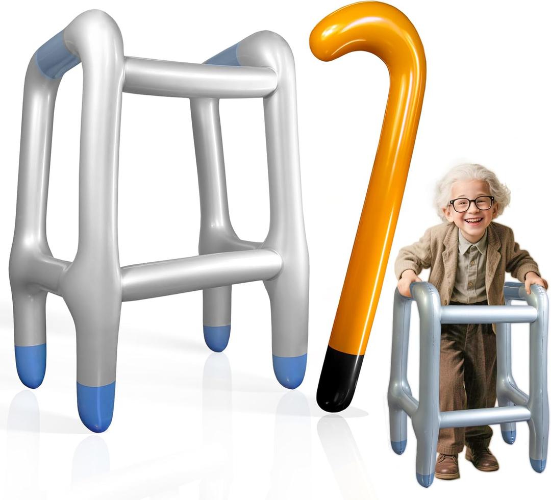 Novelty Place Inflatable Walker and Cane 2 Pcs Set for Kids and Adults - Funny Old Man Costume Accessories for Halloween, 100th Day of School, Retirement Party Decorations - Lightweight and Durable