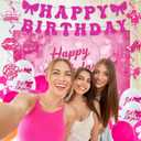 Roetyce Hot Pink Birthday Decorations for Girls, Pink Glitter Happy Birthday Banner Backdrop Balloons Hanging Swirls Cake Topper Kit, Women Kids Bday Photo Background