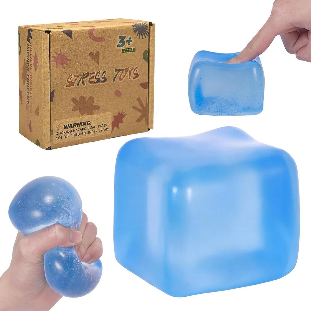 Squishy Ice Cube Fidget Toy,Large Squeeze Toys, Big Squishy Stress Ball with Durable Soft Texture, Extra-Satisfying Squeeze Toy for Adults and Boys & Girls Age 3+ (2.76in) (Blue)