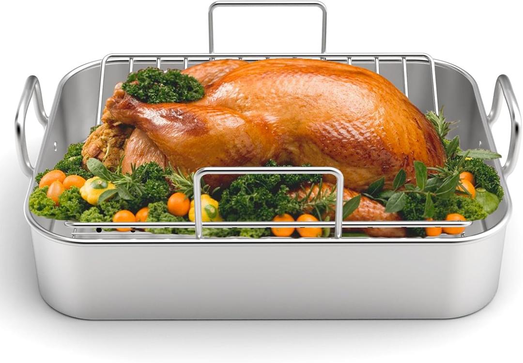 Roasting Pan, EWFEN 17*13 Inch Stainless Steel Turkey Roaster with Rack - Deep Broiling Pan & V-shaped Rack & Flat Rack, Non-toxic & Heavy Duty, Great for Thanksgiving Christmas Roast Chicken Lasagna