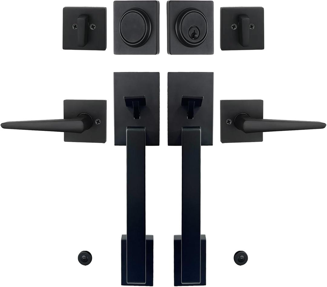 Matte Black Double French Door Handle Set, Halifax Exterior Door Lockset with Deadbolt&Lever, Reversible for Left&Right Handed