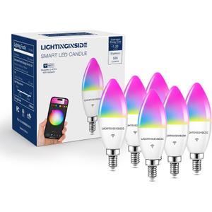 Candelabra Smart Light Bulbs 60W Equivalent, 500LM 6W E12 LED Bulb Compatible with Alexa/Google Home, RGBCW Candle Bulb for Chandelier, No Hub Required, 2.4G WiFi Only, ETL Listed, 6PCS