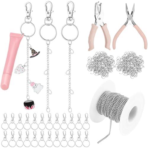 VioraWhite 227 Pcs Lip Gloss Keychain Making Kit Bulk 24 Keychain Clips with Lobster Claw Clasps 200 Jump Ring Chain Plier Hole Puncher for Valentine's Day DIY Lip Gloss Crafts Supplies(Silver)