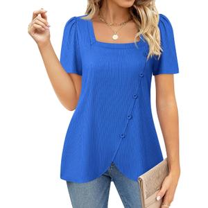 VALOLIA Women's Short Sleeve Tops Square Neck Shirts for Women Buttons Side Tulip Hem T-Shirts