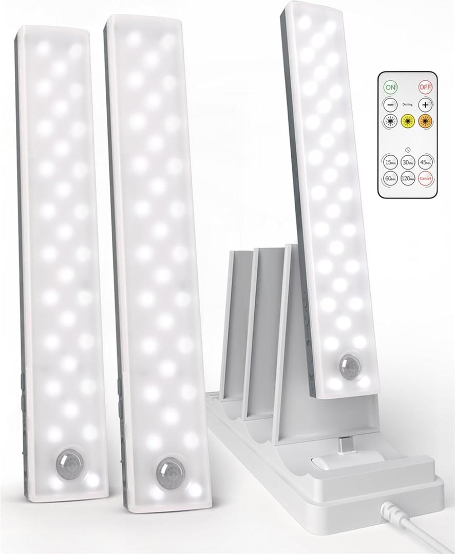 EZVALO 62 LED Under Cabinet Lighting with Charging Station, Rechargeable Motion Sensor Lights, 3 Color Temps, Dimmable Wireless Closet Lights w/Remote for Kitchen, Wardrobe, Pantry- 3 Pack
