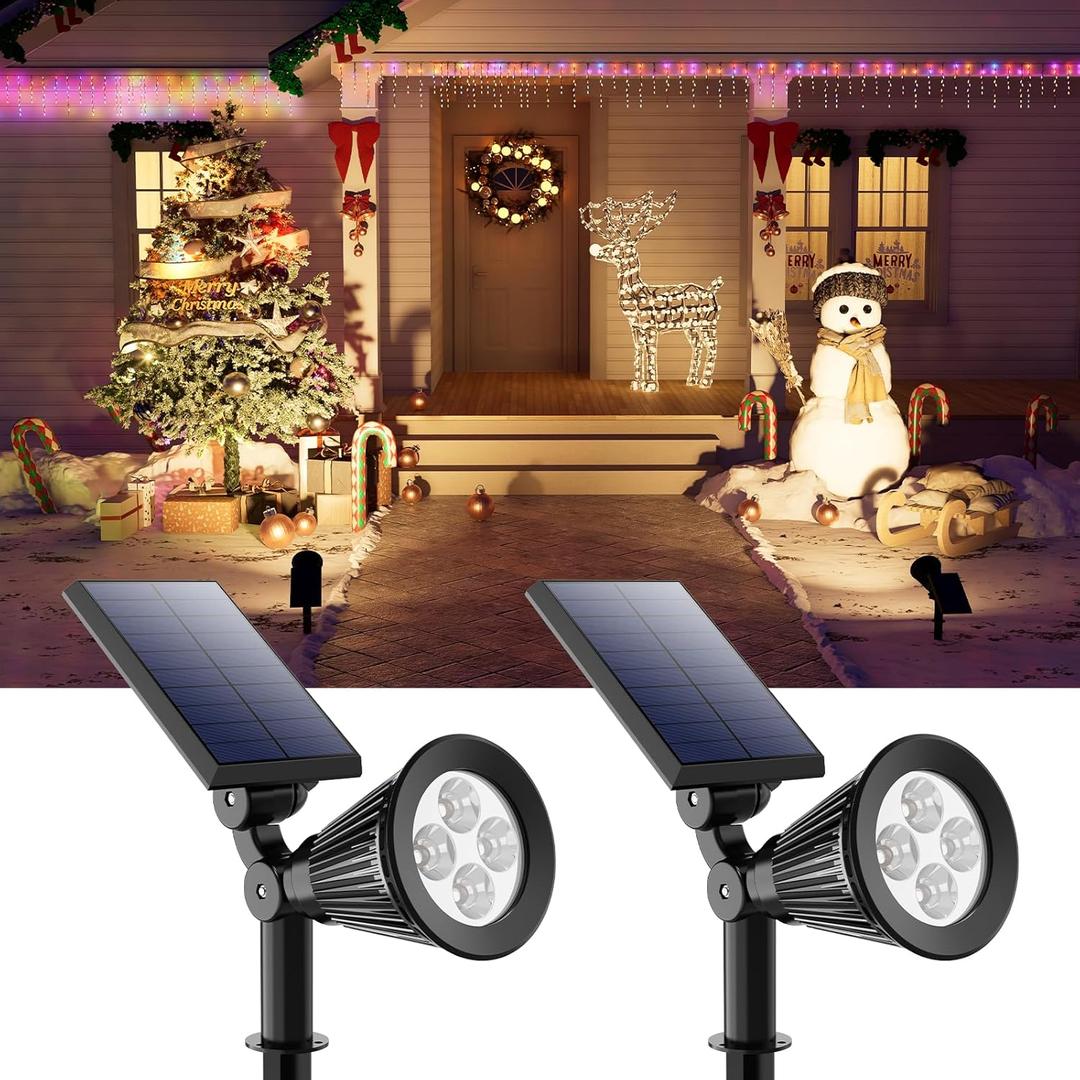 2 Pack Solar Spotlights Outdoor Waterproof for Christmas Hanging, Tree, Wreaths, Snowman, Elk, Adjustable Panel Solar Power Landscape Uplights for Outside Garden, Backyard, Patio, Sidewalk,Warm White