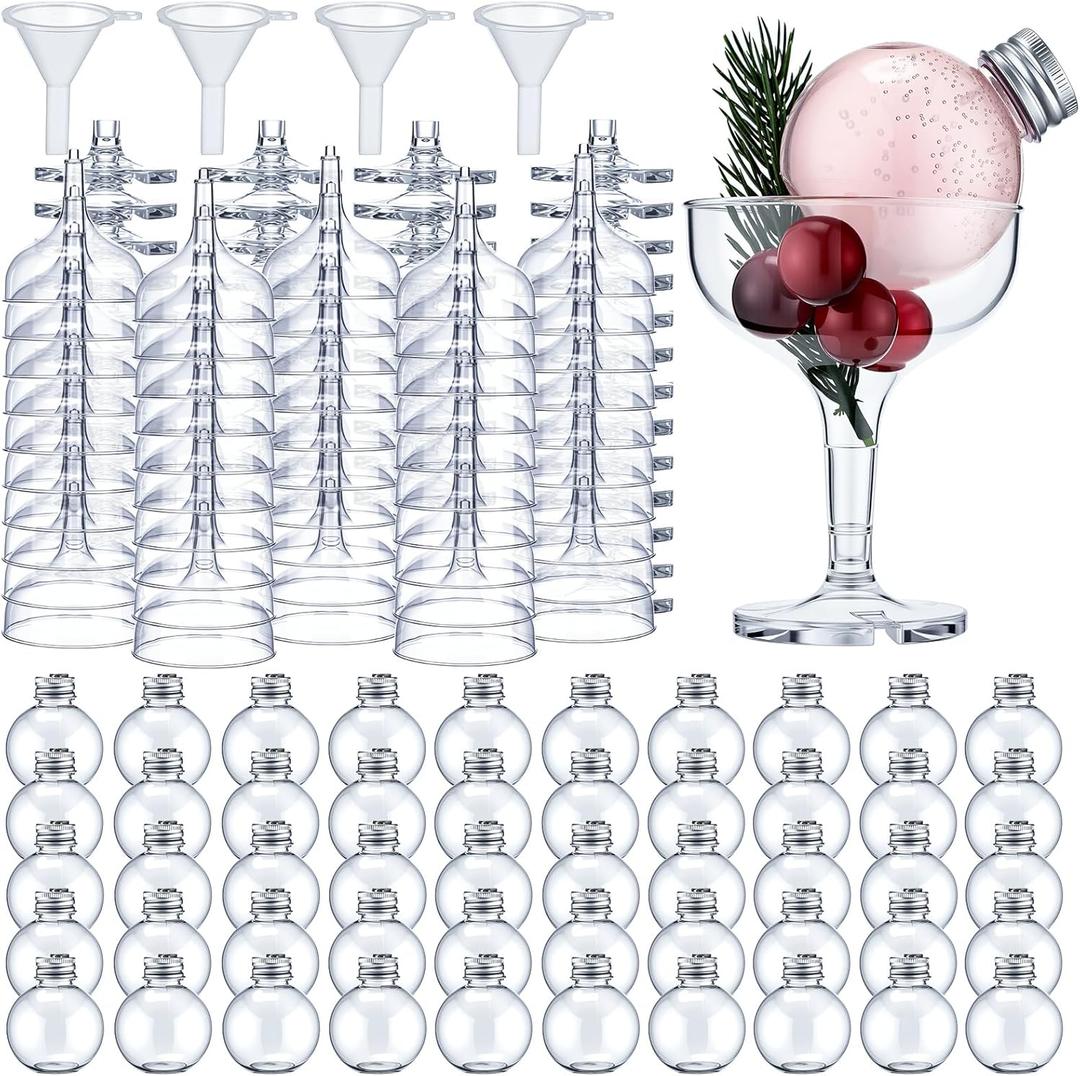 50 Set Christmas Booze Balls Refillable Drink Balls with Champagne Glasses Set - Christmas Tree Hanging Ornaments DIY Clear Round Plastic Fillable Bulbs for Xmas Holiday Party