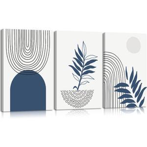 3Pcs Navy Blue Boho Canvas Wall Art Abstract Bohemian Poster Print Geometric Botanical Lines Picture Minimalist Mid-Century Modern Painting Wall Decor for Bathroom Bedroom Office 12x16in Framed (16L" x 12W")