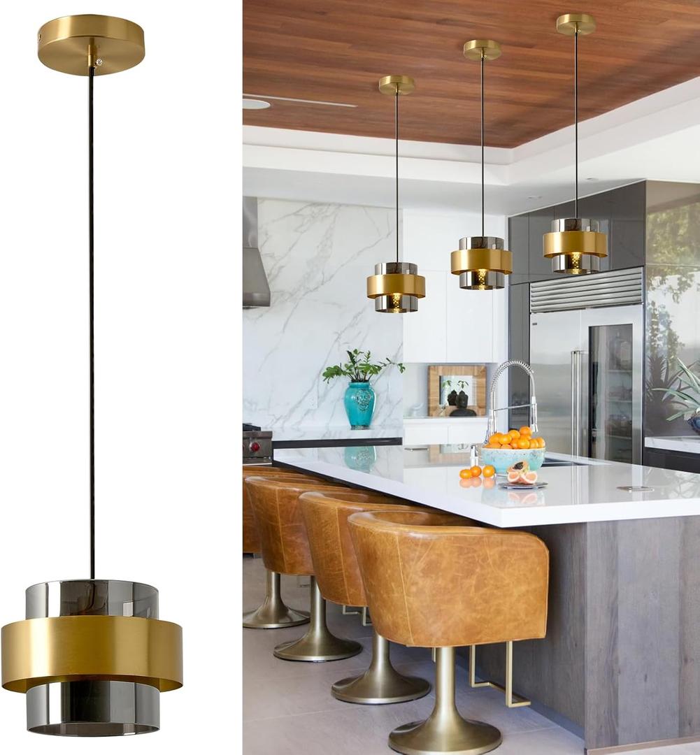 Modern Pendant Light Smoke Gray Glass Pendant Light Gold Hanging Light Fixture Adjustable 1-Light Industrial Pendant Lighting for Kitchen Island Dining Room Bedroom