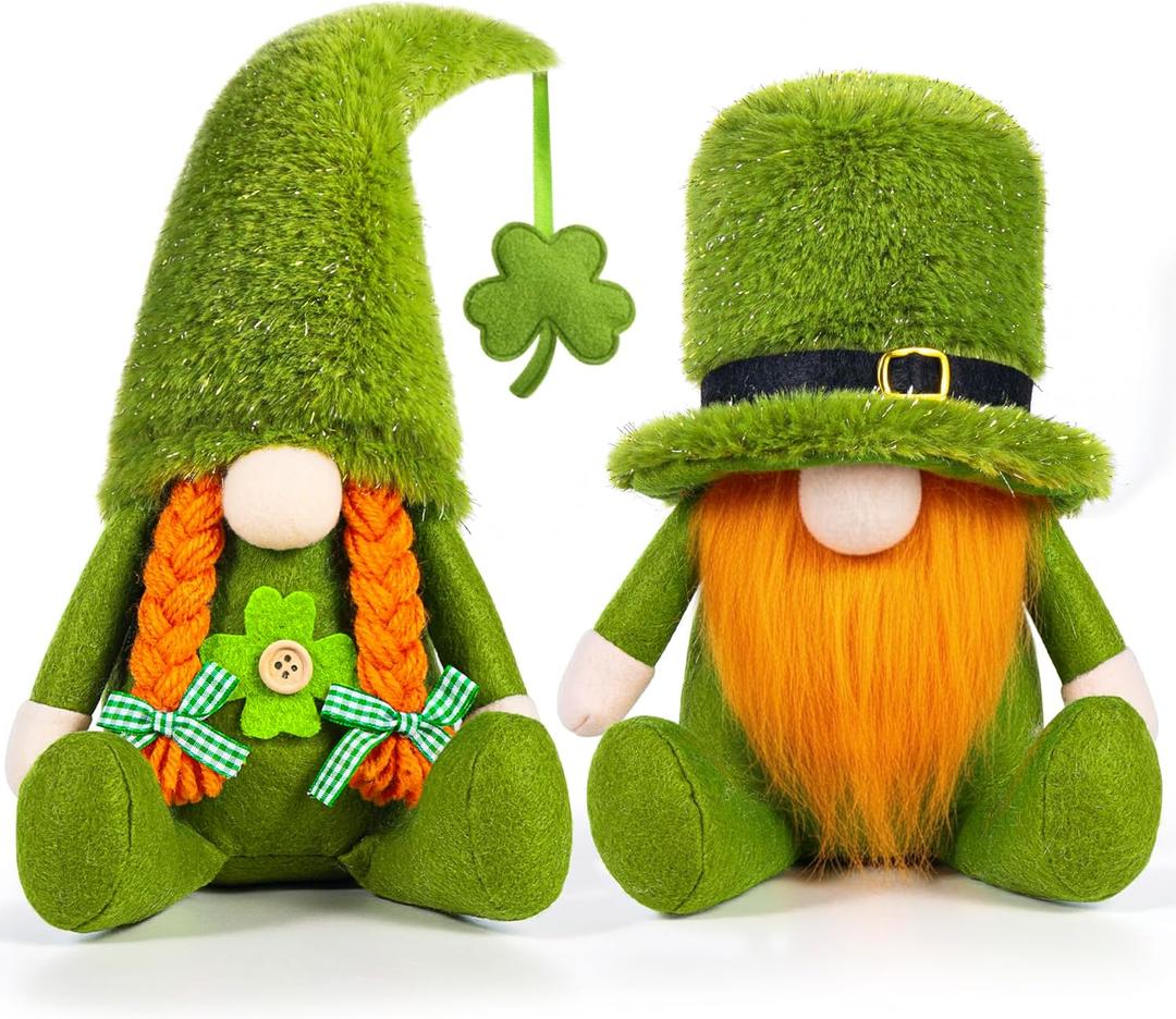 LEKSON St Patricks Day Gnomes Decorations, Cute Irish Green Leprechaun Boy & Girl Gnome with Hanging Shamrock and Weighted Bottom, Shelf Sitters for Tiered Trays, Farmhouse Mantel & Table Decor Gift
