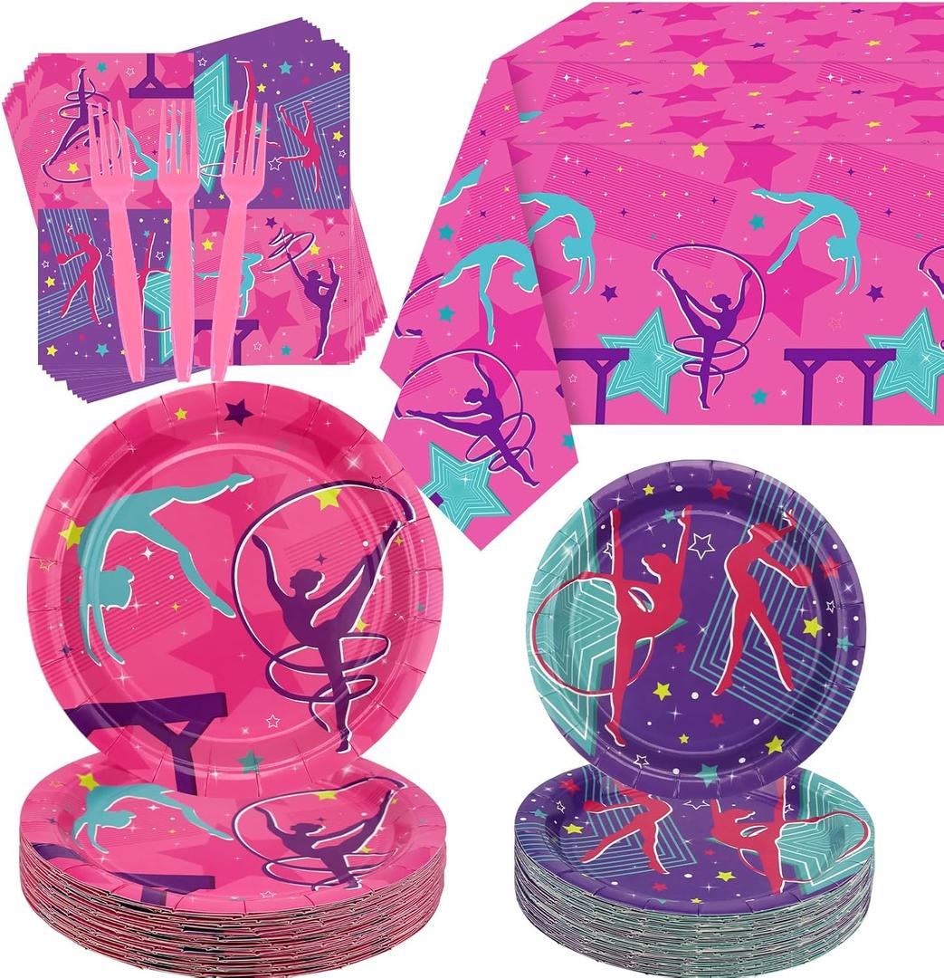 Gymnastics Birthday Party Decorations - Gymnastics Theme Party Supplies for Your Little Dance Gymnasts with Gymnastics Tablecloth, Plates, Napkins, Fork, Tableware, Serves 40