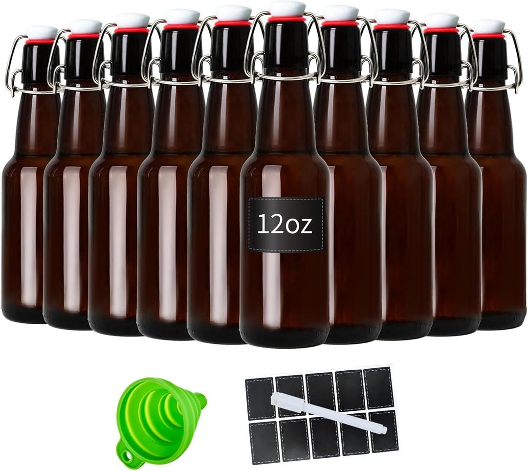 12oz Amber glass bottle with Airtight Stopper Lids (10 Pack) -Swing Top Glass Bottles-Flip Top Brewing Bottle for Fermentation, Kombucha, Mead, Vinegar, Beer, Kefir, Wine,Soda,whisky