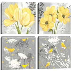 Wall HDQ Yellow Gray Picture Wall Art for Bathroom Wall Decor Flowers Canvas Prints Framed 4 Panels (16 x 16 in (4 Piece))