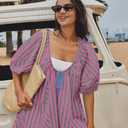 Yanekop Womens Romper Dress with Shorts Striped Romper Overall Oversized Short Jumpsuit V Neck Puff Sleeve Mini Dress (Small, Hot Pink Green)