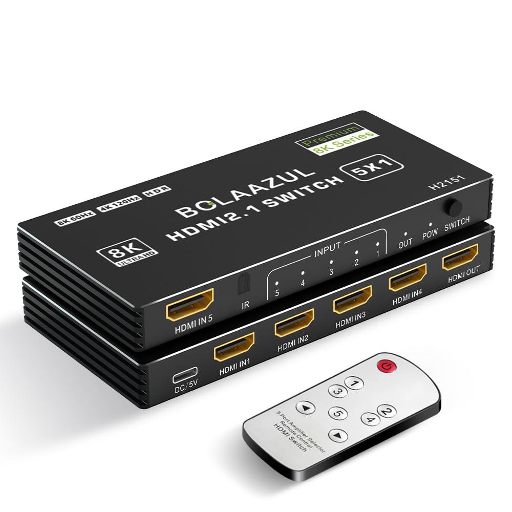 BolAAzuL 8K HDMI 2.1 Switch 120Hz 4K 5 in 1 Out, 8K@60Hz HDMI 2.1 Splitter Switcher Selector Box 5-Port with Remote 4K 120Hz 2K 144Hz, HDMI 5x1 HDR, 48Gbps, CEC, Dolby Vision, for Xbox Series X PS5