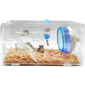 kathson Dwarf Hamster Cage Transparent Hamsters Cages and Habitats Gerbils Acrylic Cage Cute Mini Pet Habitat with Accessories Exercise Wheel Water Bottle Food Bowl for Small Animal Blue