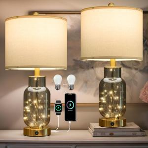 Oneach 22" Glass Table Lamps Set of 2, Gray Modern Bedside Lamp with LED Night Light for Living Room, Nightstand Lamp with USB Ports for Bedrooms, Study Room, End Table(2 Bulbs Included)