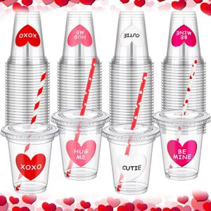 Eaasty 20 Sets Valentine's Day Plastic Cups with Lid and Straws, 12 oz Conversation Heart Disposable Valentines Cups with Sticker, Valentines Party Supplies for Iced Coffee Juice Beverage Drinks