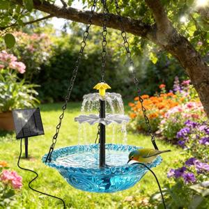Yeomi Solar Fountain for Bird Bath, Solar Cascade Hanging Bird Bath Fountain, Large Hummingbird Bath with Solar Pump & Clear Blue Bowl, Outdoor Garden Decor