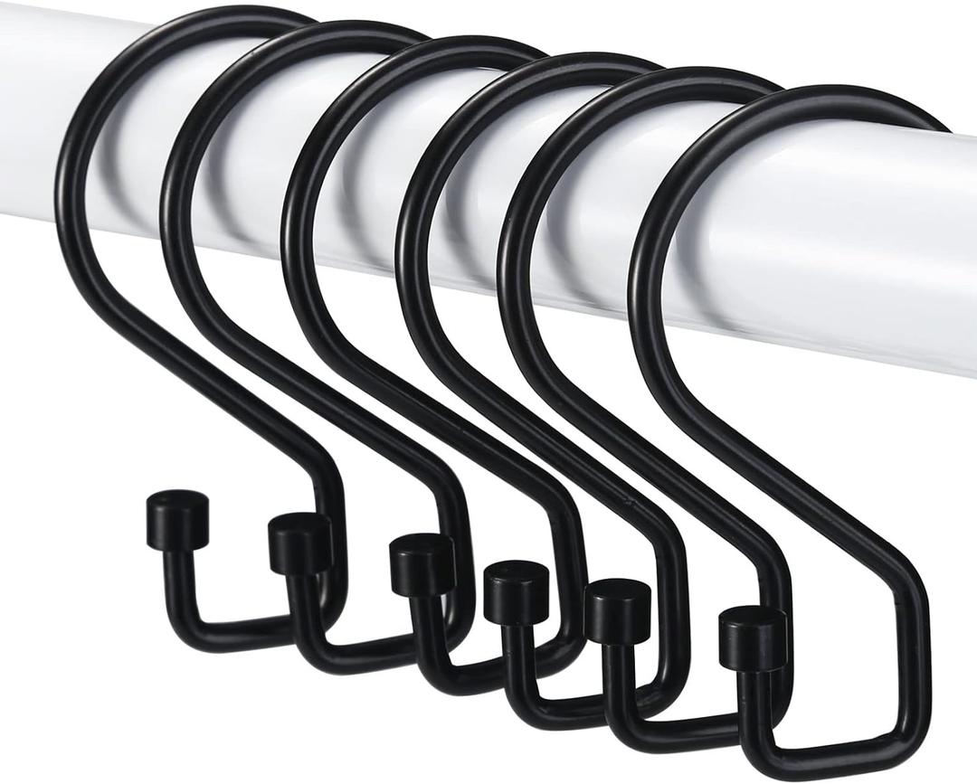Goowin Shower Curtain Hooks, 12 Pcs S Shape Shower Curtain Rings, Rustproof Black Shower Curtain Rings, Multi-Functional Shower Hooks for Shower Curtain, Kitchen Utensils, Clothing, Towels, Black
