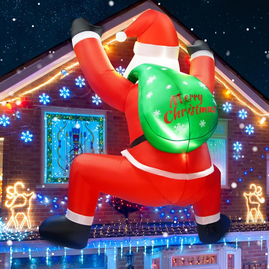 6FT Christmas Inflatable Decorations Hanging Santa Built-in Bright LEDs, Climbing Santa Claus with Gift Bag Christmas Roof Blow Up Yard Inflatables Decoration for Window Wall Outdoor Xmas New Year